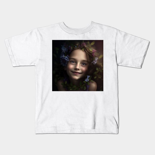 A Young Child Wearing A Wreath of Flowers Kids T-Shirt by daniel4510